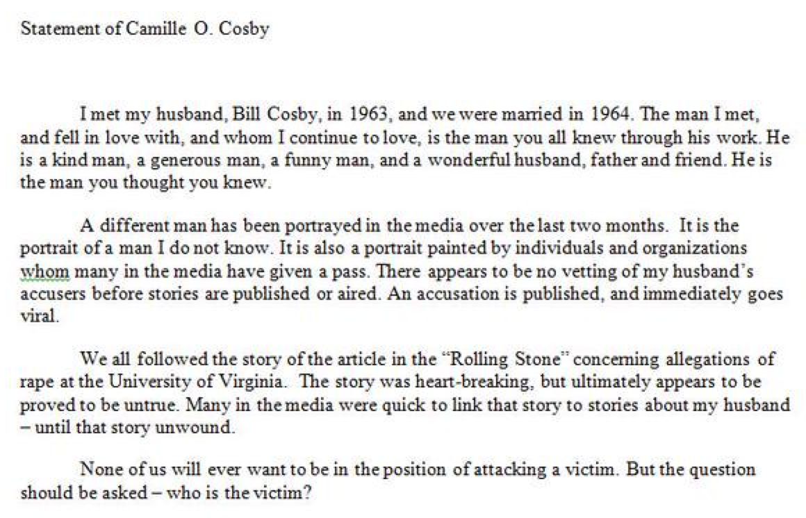 camille cosby statement